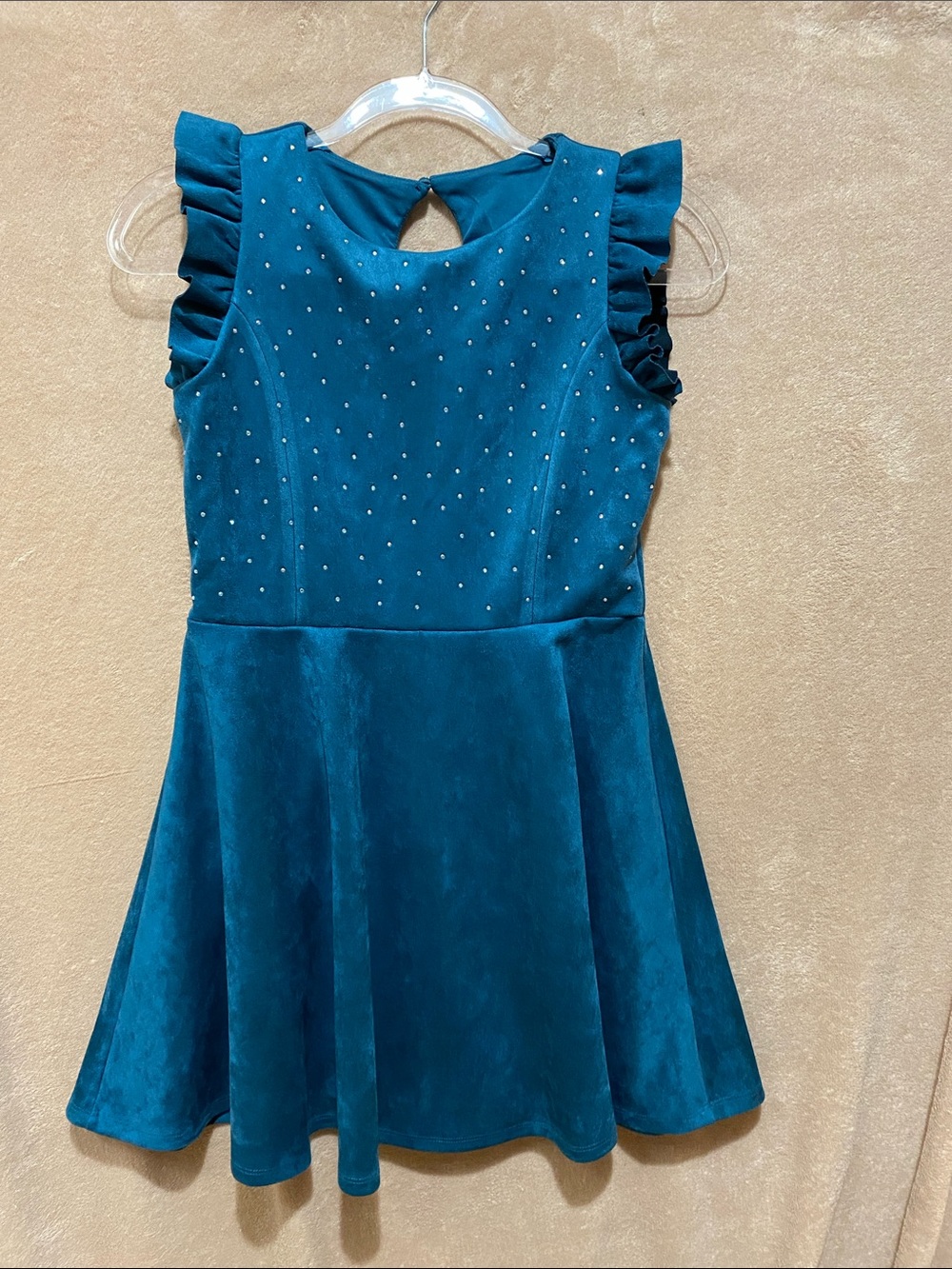 Girls Teal Velvet Skater Dress with Rhinestone Bodice